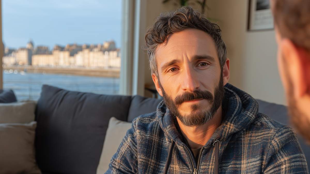 Samuel en train de discuter avec un ami qui a des problèmes de couple. 